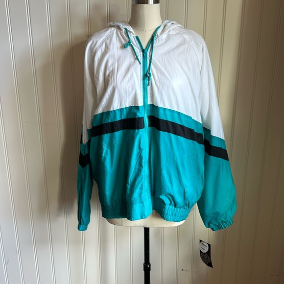 White and Turquoise Hooded Windbreaker Coat - Picture 1 of 3